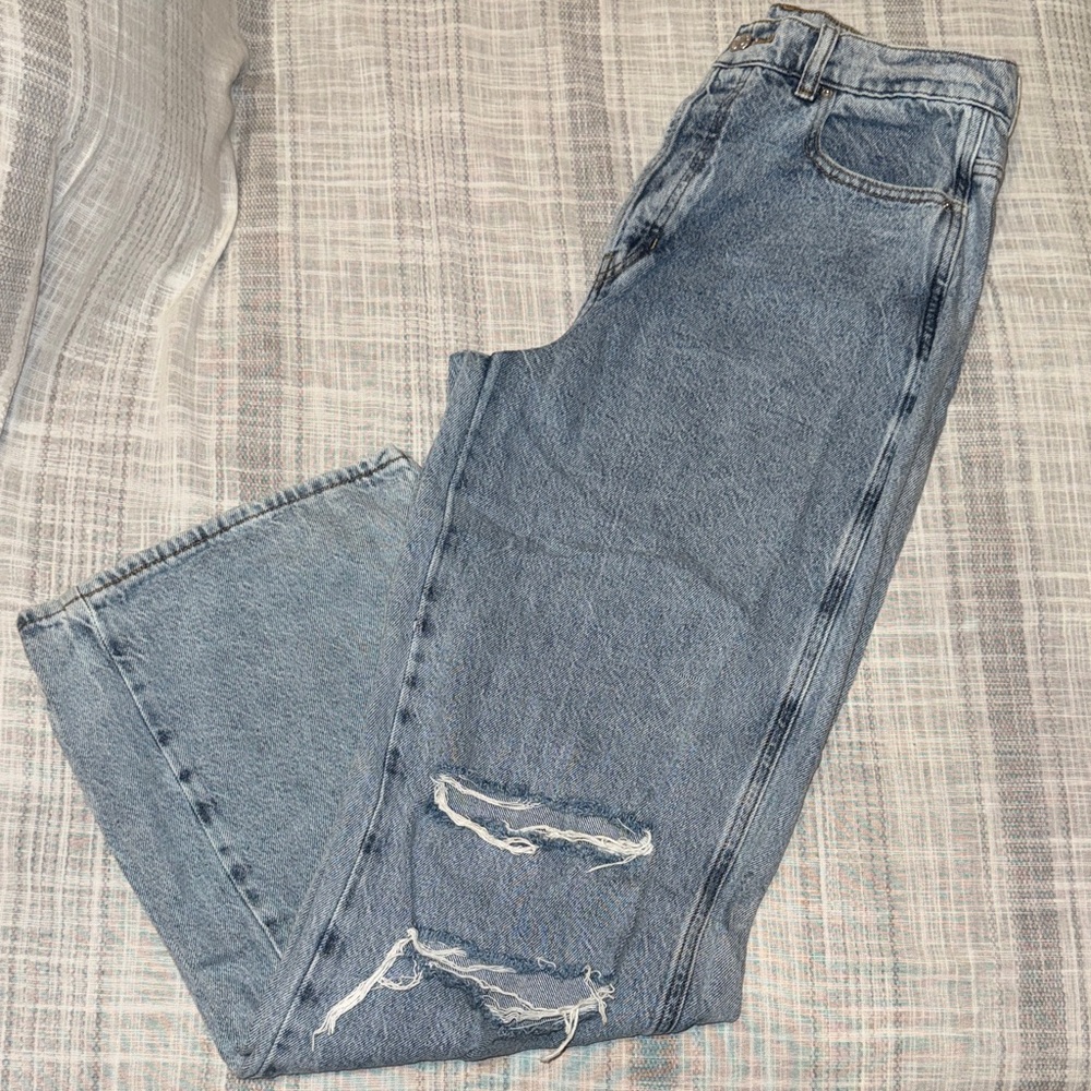 Pac Sun High-Rise Light Blue Distressed Wide Bottom Jeans